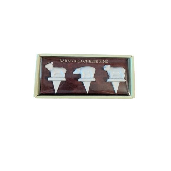 Sur la Table Barnyard Cheese Pins Set of 3 Porcelain White Holiday Dinner Party - Picture 1 of 3